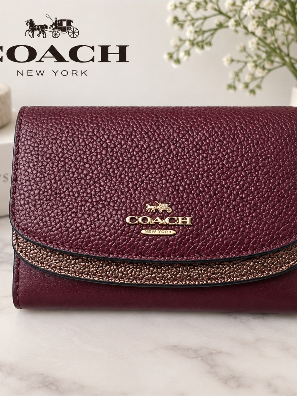 Coach Burgundy Pebbled Leather Wallet with Metallic Bronze Accent